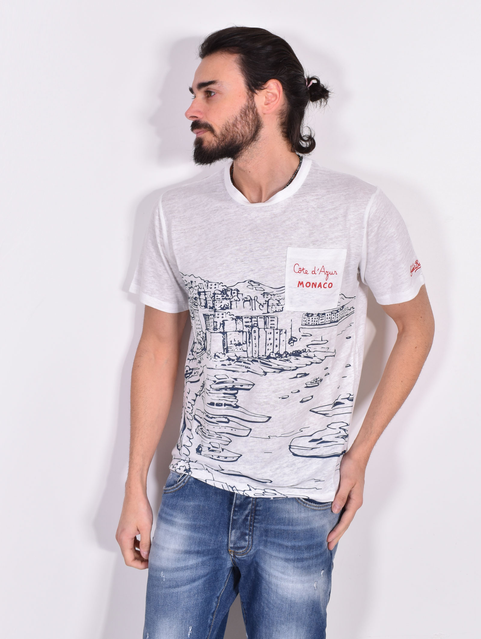 Tシャツ・カットソー MC2 SAINT BARTH Men T Shirts TSHM00102498H01N White Mc2 Saint Barth white monk linen t-shirt - MC2 SAINT BARTH